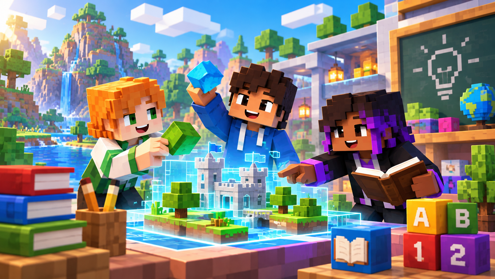 Minecraft-inspired learning scene with kids building and collaborating together